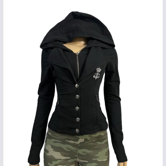 Dereon NWOT Stylish Hoodie Full Zip & Snap Closure Long Sleeve Small Black - Picture 4 of 7